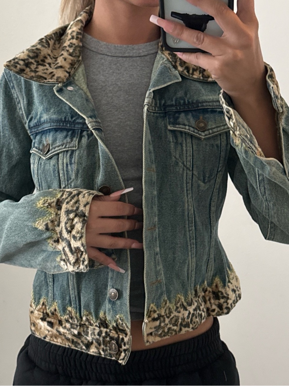 Vintage Newport News 90s Leopard Trim Denim Jacket